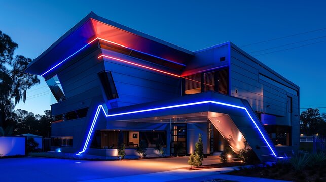 Futuristic home exterior with angular walls, metallic finishes, and LED strip lighting integrated into the structure. exterior architecture design concept 