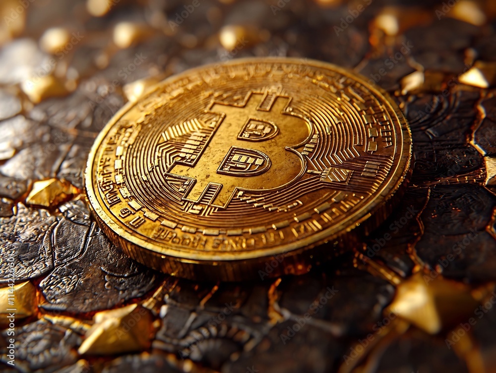 Poster stylized golden bitcoin coin with blockchain pattern digital currency and secure finance concept