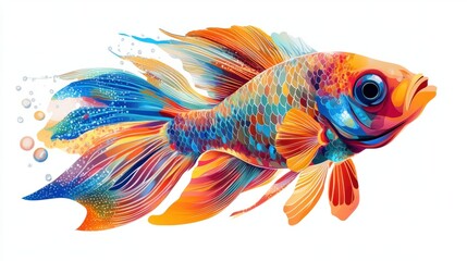 Fototapeta premium A colorful illustration of a tropical fish swimming, with detailed scales and fins, rendered in a bright, vibrant style, on white