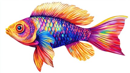 Fototapeta premium A colorful illustration of a tropical fish swimming, with detailed scales and fins, rendered in a bright, vibrant style, on white