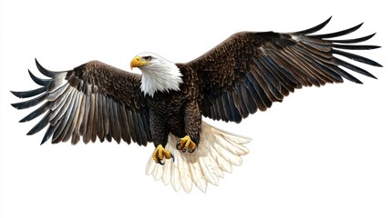 Naklejka premium A detailed illustration of a majestic eagle in flight, with outstretched wings and sharp talons, isolated on white