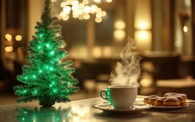 A vibrant green Christmas tree glowing softly near a seating area with steaming coffee cups and pastries