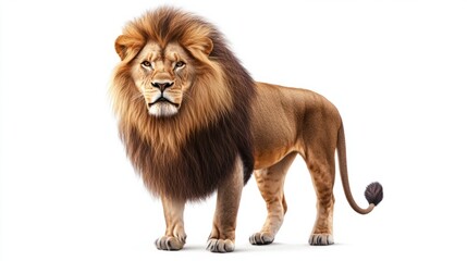 A detailed illustration of a majestic lion with a flowing mane, standing proudly, isolated on a clean white background
