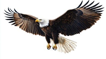 Naklejka premium A detailed illustration of a majestic eagle in flight, with outstretched wings and sharp talons, isolated on white