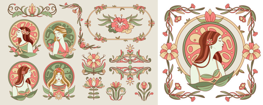 Art Nouveau Illustrations with Women and Floral Motifs