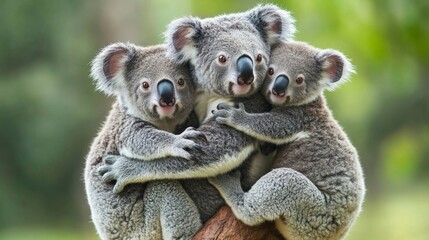 Obraz premium Three koalas hugging each other in a beautiful outdoor setting, showcasing their adorable and loving nature in vibrant green surroundings.