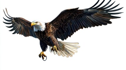 A detailed illustration of a majestic eagle in flight, with outstretched wings and sharp talons, isolated on white