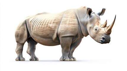 Obraz premium A detailed illustration of a majestic rhino standing powerfully, rendered in a realistic style, isolated on a clean white background