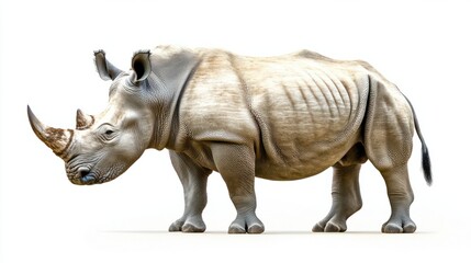 Fototapeta premium A detailed illustration of a majestic rhino standing powerfully, rendered in a realistic style, isolated on a clean white background
