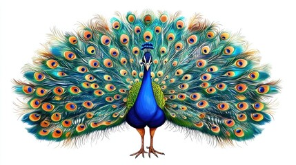 A detailed illustration of a proud peacock spreading its colorful feathers, isolated on a clean white background