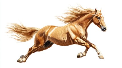 A dynamic illustration of a horse galloping, with flowing mane and tail, rendered in a realistic style, isolated on white