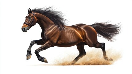 Obraz premium A dynamic illustration of a horse galloping, with flowing mane and tail, rendered in a realistic style, isolated on white