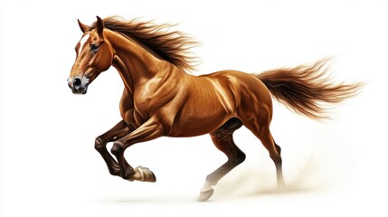 Fototapeta premium A dynamic illustration of a horse galloping, with flowing mane and tail, rendered in a realistic style, isolated on white