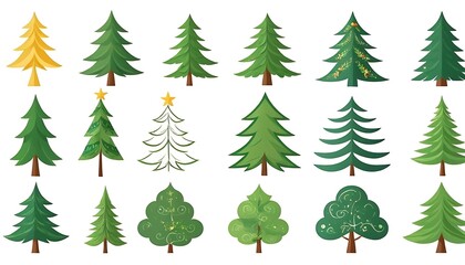 Fototapeta premium Christmas tree holiday sticker green cartoon set. Flat modern party simple pattern greeting card traditional collage forest design.isolated white background,6