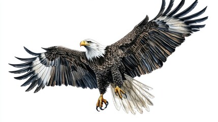 A dynamic illustration of an eagle soaring high, with outstretched wings and sharp talons, drawn in a detailed style, isolated on white