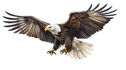 Fototapeta premium A dynamic illustration of an eagle soaring high, with outstretched wings and sharp talons, drawn in a detailed style, isolated on white