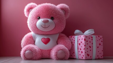 Cute pink teddy bear next to a heart-themed gift box.