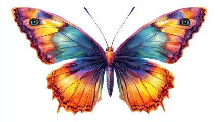 A vibrant illustration of a butterfly with intricately detailed wings, showcasing bright and beautiful colors, isolated on white