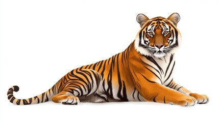 Fototapeta premium A realistic illustration of a tiger crouching, with vivid orange and black stripes, isolated on a clean white background