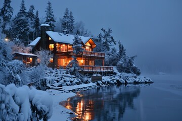 Obraz premium Luxurious log cabin glows on a snowy lakeside evening