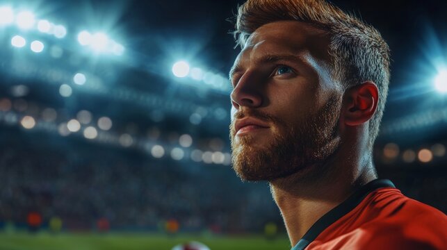Fototapeta Focused Soccer Player in Bright Stadium Lights Ready for Action and Victory