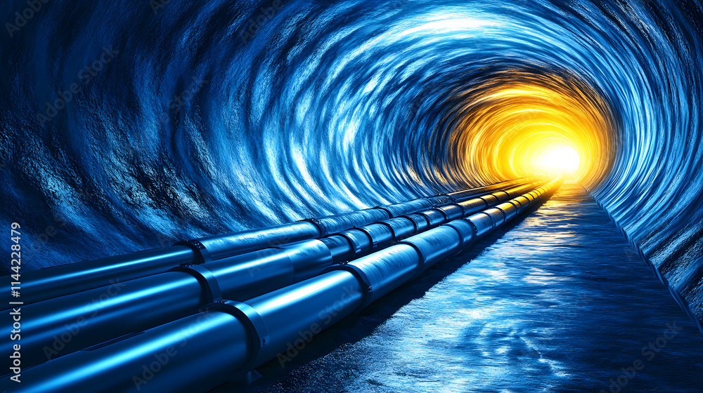Poster A vibrant tunnel scene with flowing water and bright light at the end, creating a sense of depth and mystery
