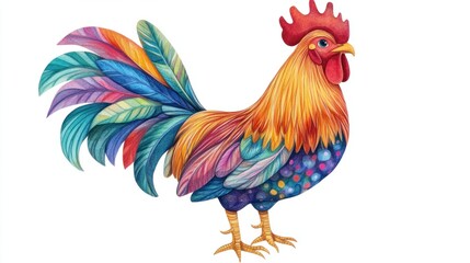 Fototapeta premium A vibrant illustration of a cheerful rooster with a colorful tail, standing confidently, rendered in a bright, whimsical style, on white
