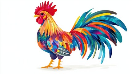 Fototapeta premium A vibrant illustration of a cheerful rooster with a colorful tail, standing confidently, rendered in a bright, whimsical style, on white