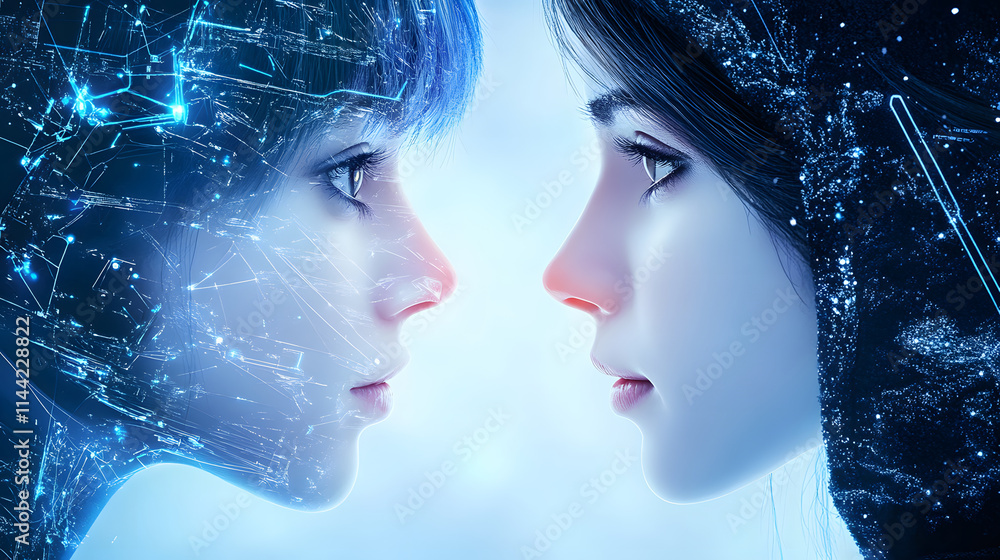 Poster two futuristic faces, illuminated by a digital glow, represent the fusion of humanity and technology