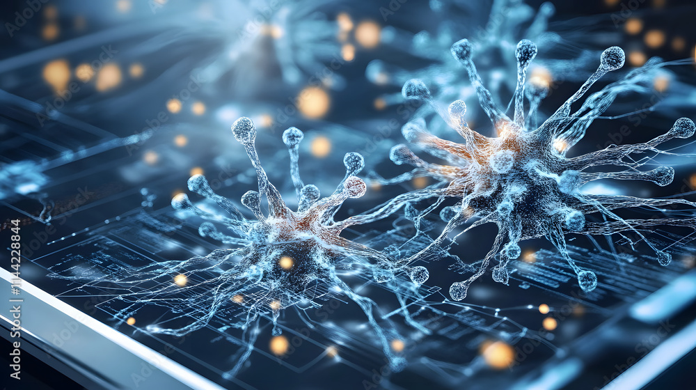 Poster An abstract representation of interconnected particles or microbes on a digital surface, symbolizing technology and biology's fusion