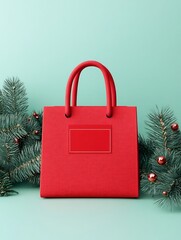 Festive Red Shopping Bag with Exclusive Christmas Label on Color Background
