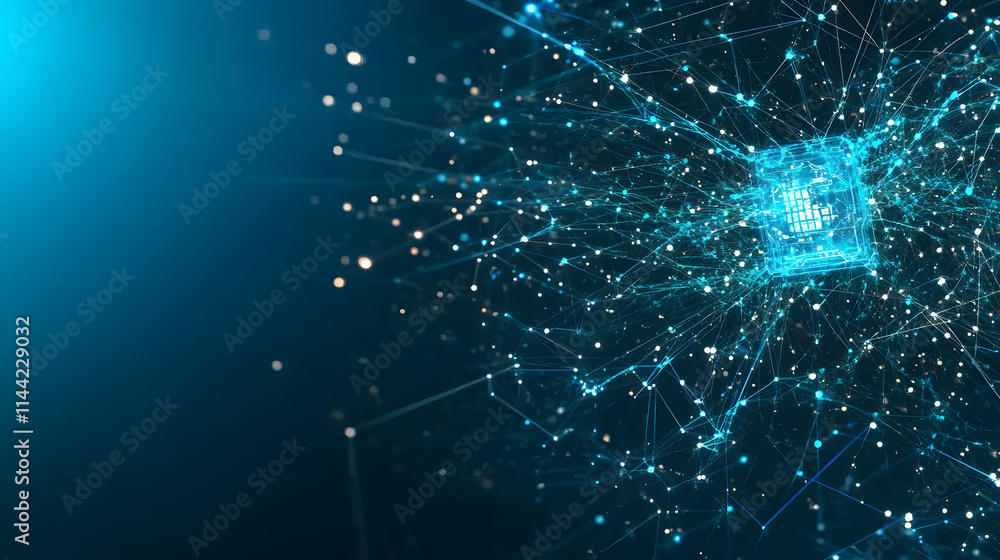 Poster a vibrant, abstract representation of a digital network, showcasing interconnected nodes and glowing