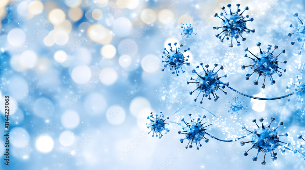 Poster a serene, abstract background featuring blue virus-like structures surrounded by soft, blurred bokeh
