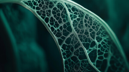 Rainforest close-up of intricate leaf veins, deep emerald background, macro botanical photography.