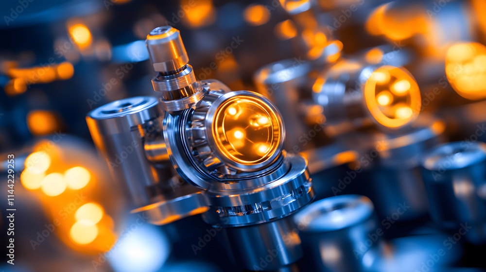 Poster A close-up of intricate machinery components featuring glowing elements, showcasing advanced technology and engineering precision