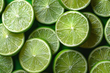 A close up of lime slices on a green table