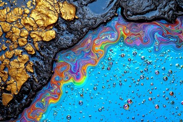 An abstract view of oil slick on water showcasing vibrant colors and patterns, highlighting environmental concerns.