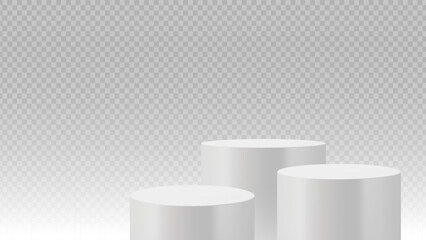 Three white cylindrical podium pedestals on a transparent background with a soft shadow. Stage showcase platform vector.