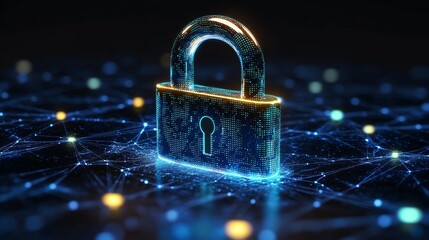 A digital padlock symbolizes online security in a connected network, representing data protection and privacy.