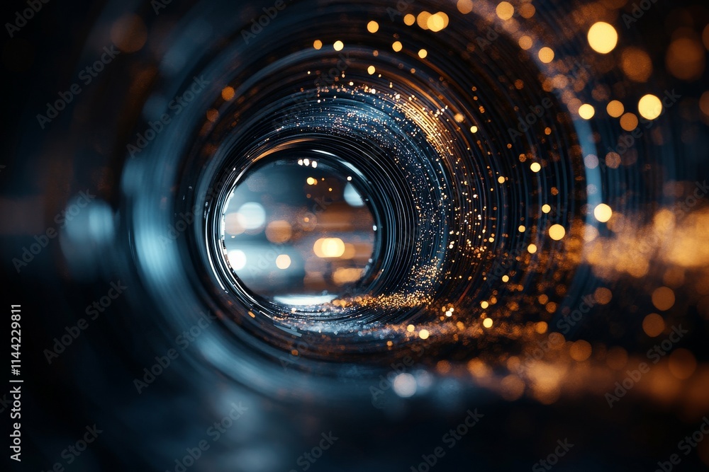 Poster glimmers of light and texture are visible in a dark tunnel filled with shimmering particles and refl