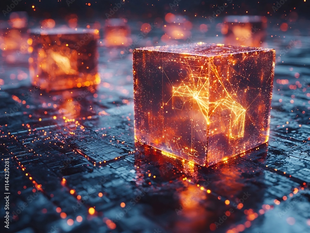 Poster futuristic digital ledger interface with floating encrypted data blocks