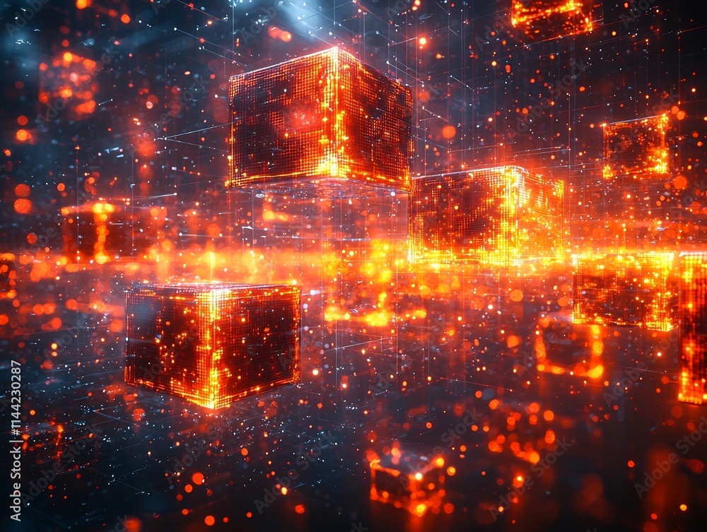 Poster futuristic blockchain technology interface with floating holographic data blocks