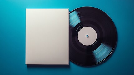 Top view of a vinyl record with a blank white cover box template, set on a clean background, ideal for album branding concepts.