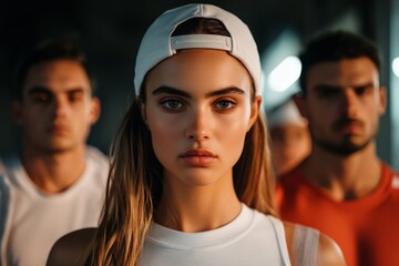 Obraz premium Group of young athletes preparing for a competition in a dimly lit gym during the evening hours