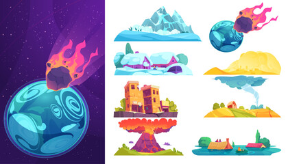 Naklejka premium Meteor Approaching Earth with Diverse Landscapes