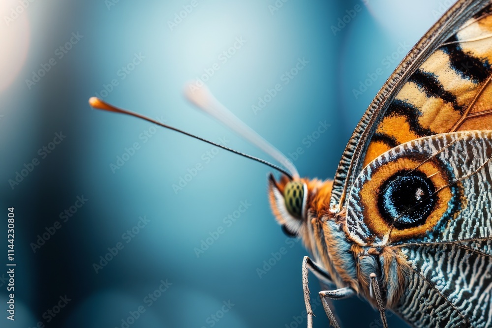 Poster close-up view of a butterfly showcasing vibrant colors and intricate wing patterns in a soft blue ba