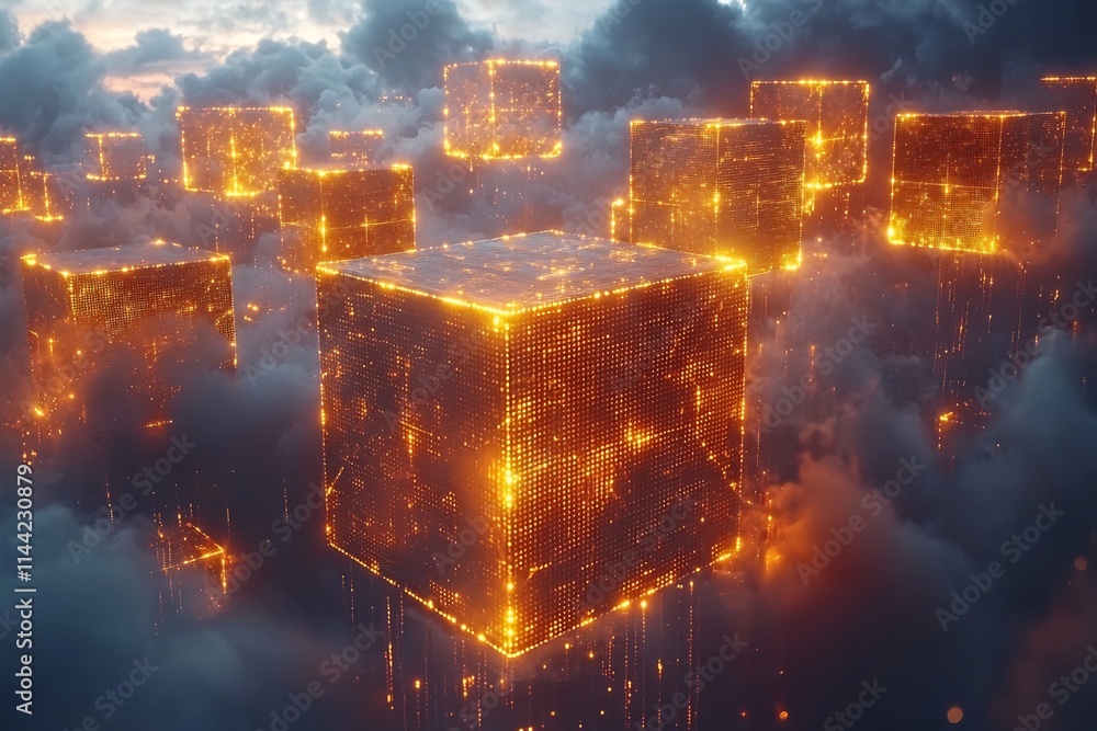 Poster blockchain cloud computing concept with floating digital blocks across a vast connected network
