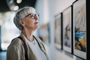 Senior woman exploring local art galleries while traveling abroad. Culture, solo travel, personal growth concept.