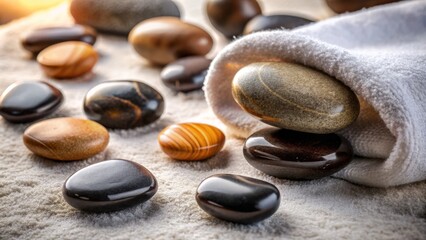Hot Stone Massage Therapy: Aerial View of Smooth, Polished Stones Arranged for Relaxing Spa Treatment