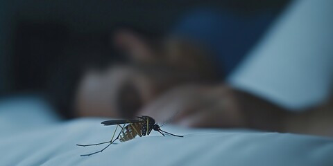 Close-up of a Tiger Mosquito on a Bed with a Blurred Sleeping Person in the Background